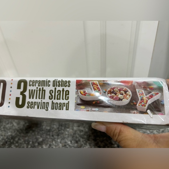 J O Y 3-Piece Ceramic Letter Serving Dishes with Slate Serving Board - Picture 3 of 5